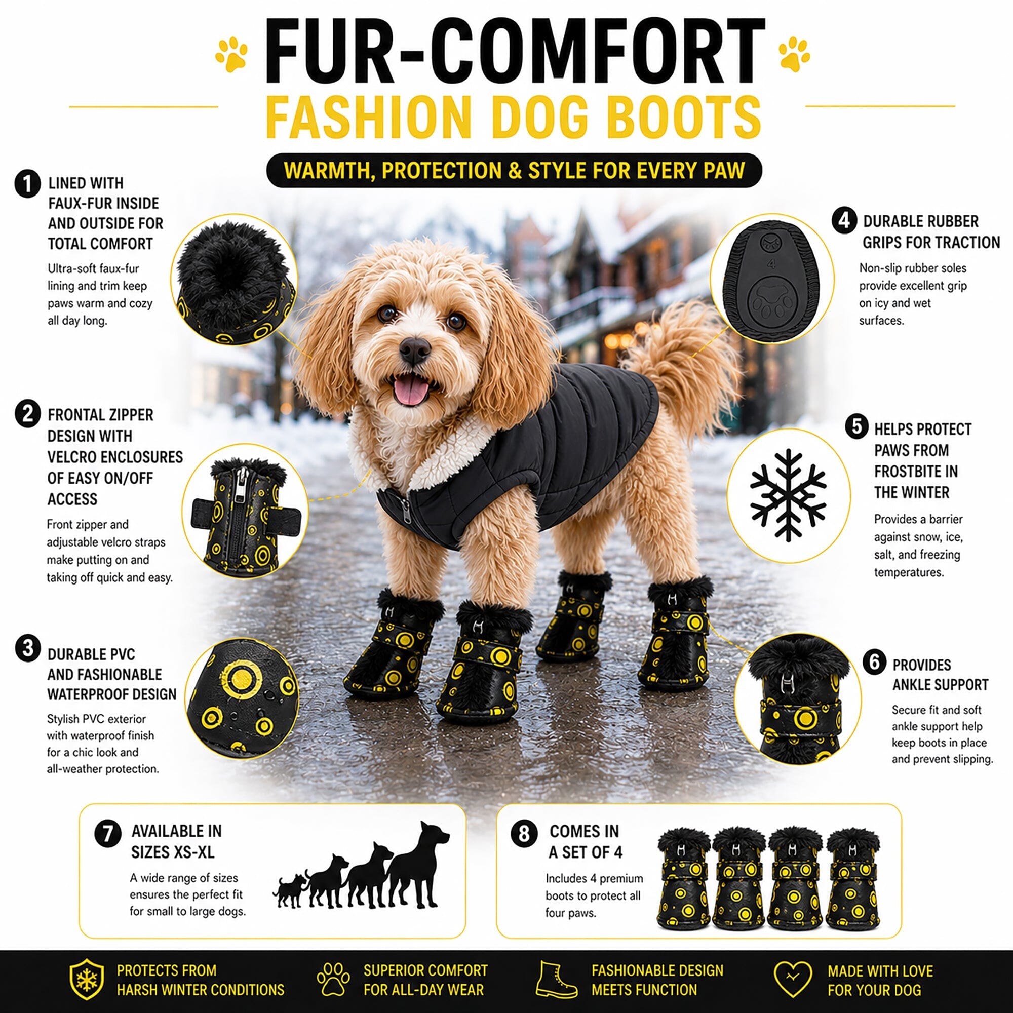 Pet Life ® Fur-Comfort 3M Insulated Fashion Fur and PVC Waterproof Winter Dog Boots - Set of 4