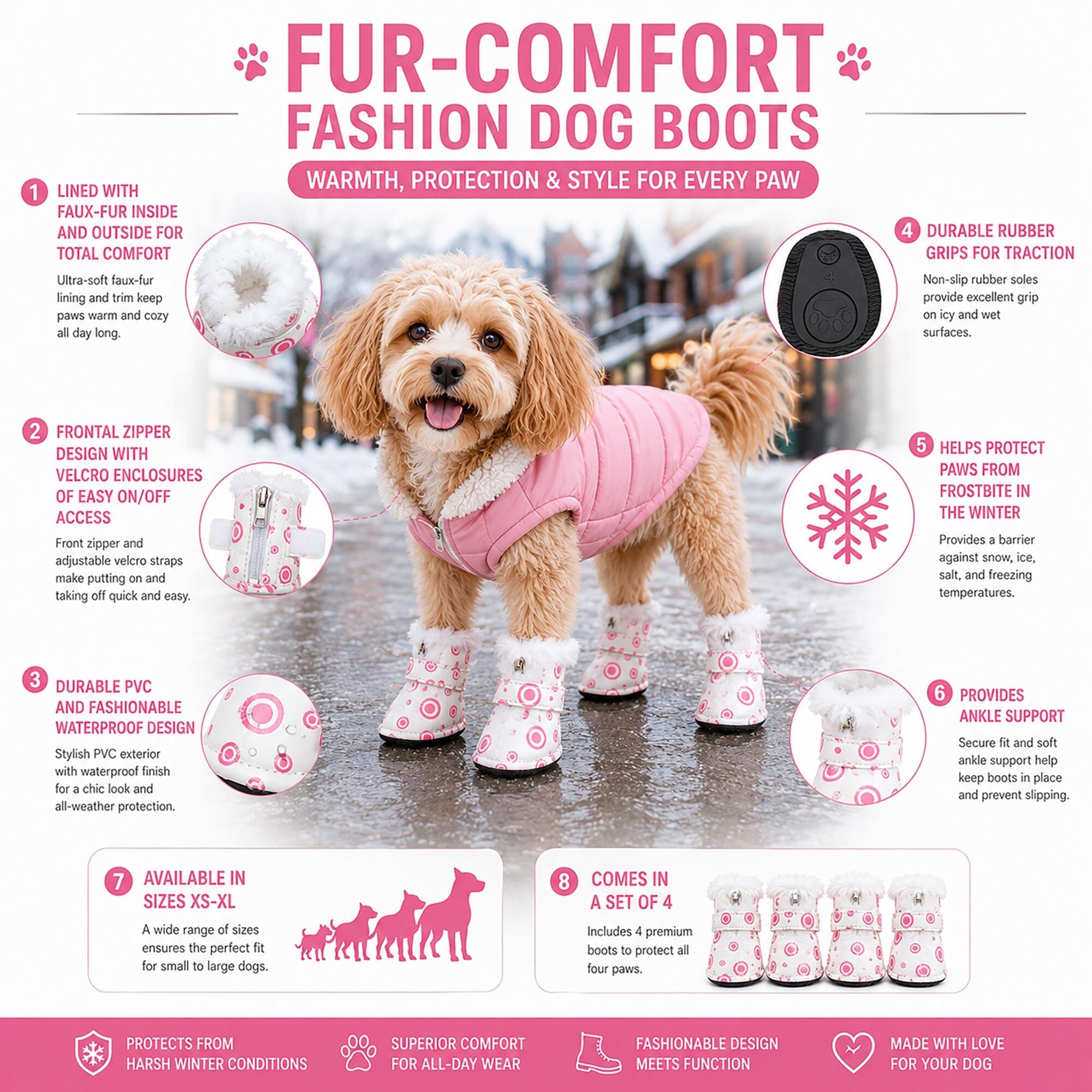 Pet Life ® Fur-Comfort 3M Insulated Fashion Fur and PVC Waterproof Winter Dog Boots - Set of 4