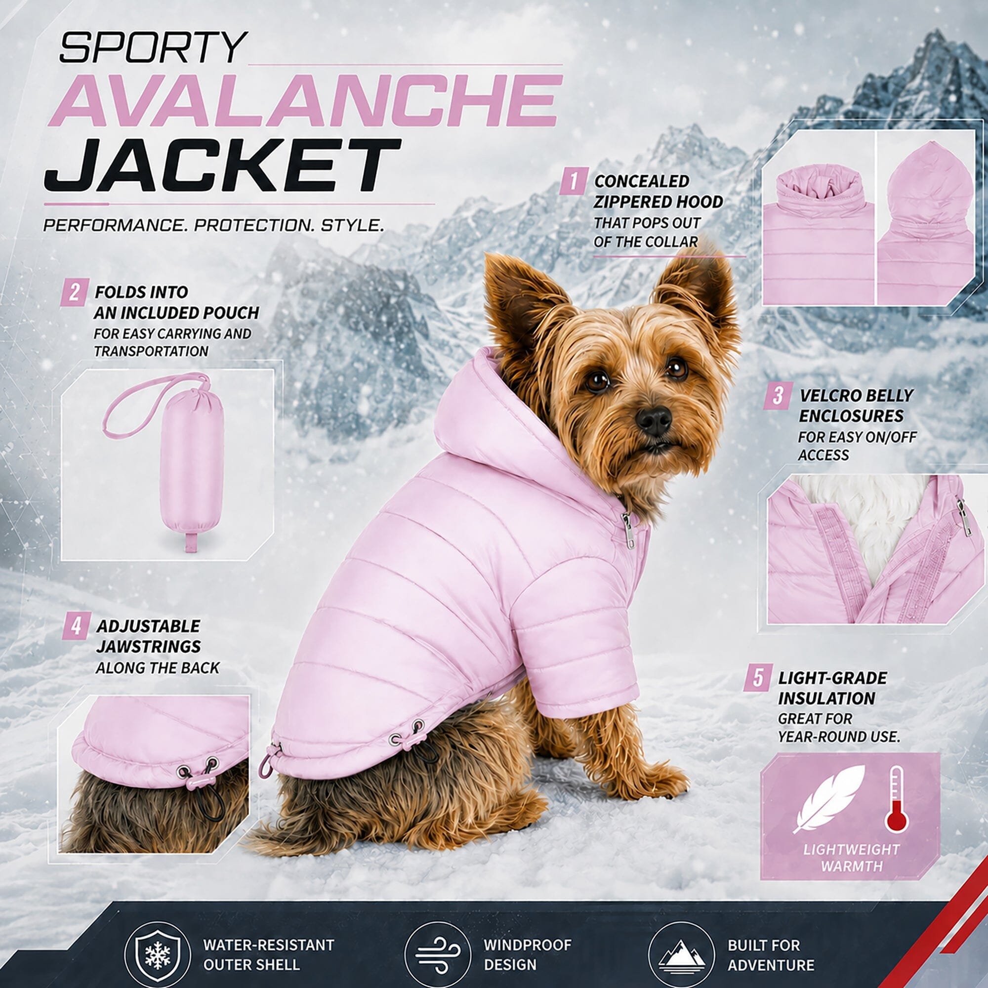 Pet Life ® Lightweight Adjustable and Collapsible 'Sporty Avalanche' Dog Coat w/ Pop-out Zippered Hood