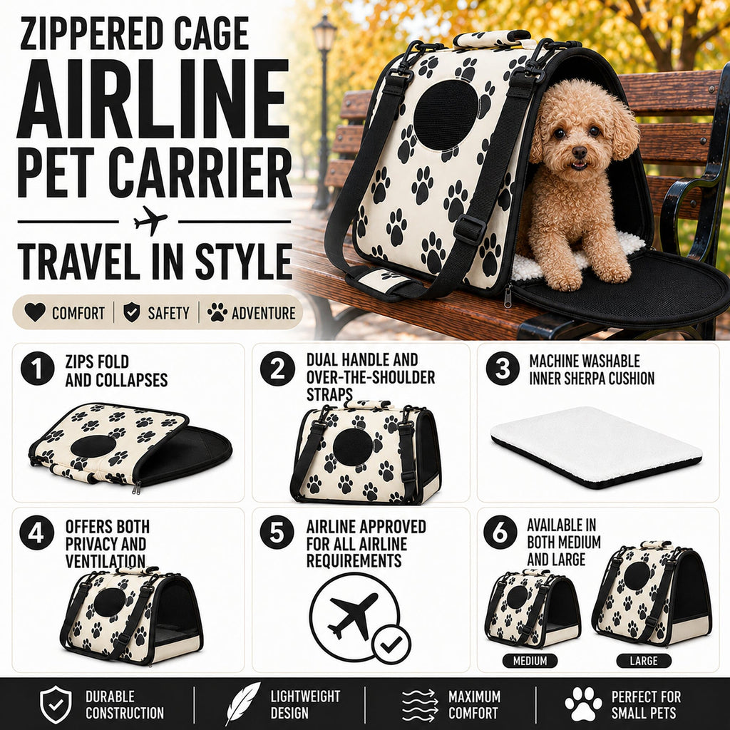 Pet Life ® Paw Patterned Airline Approved Zippered Folding Collapsible Travel Pet Dog Carrier