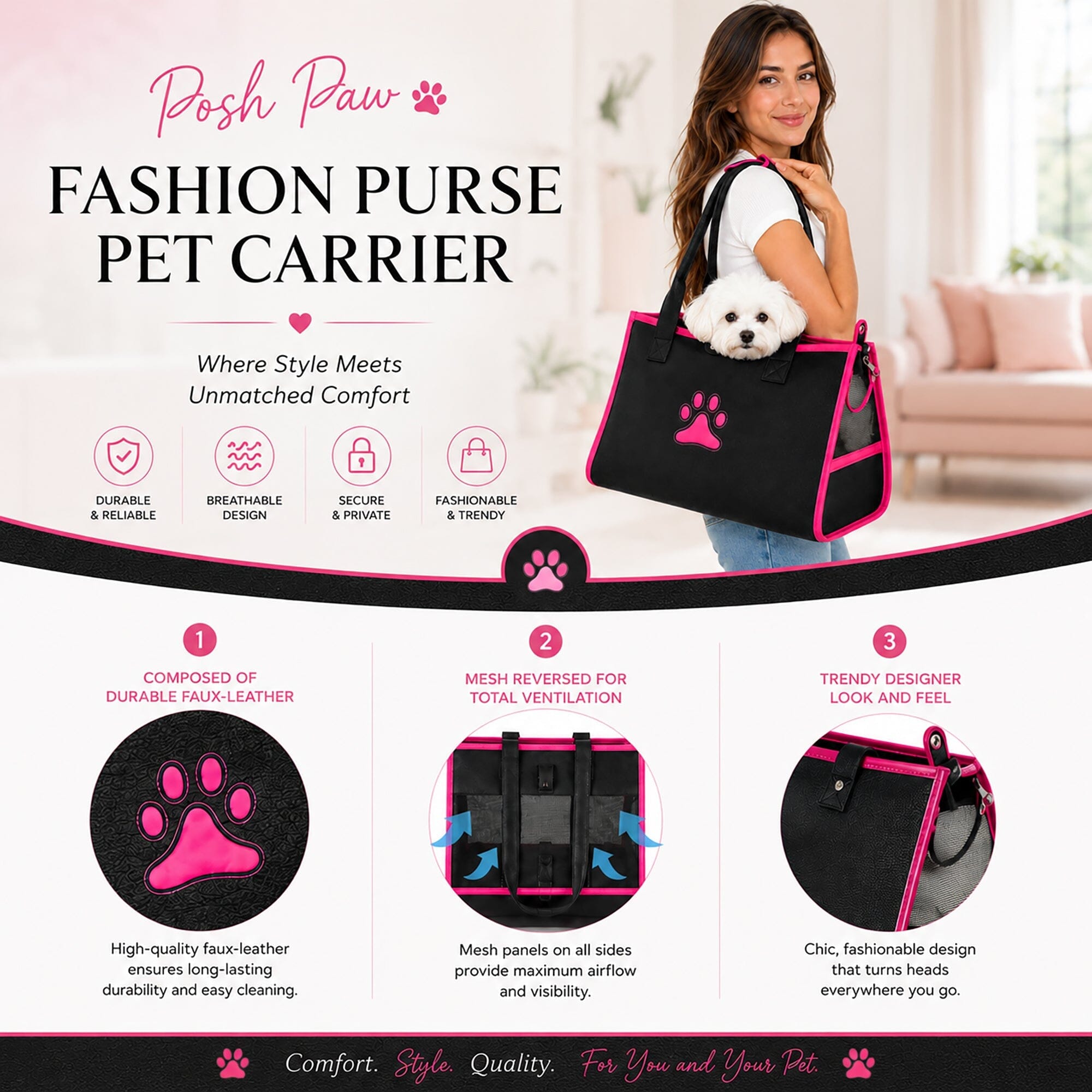 Pet Life ® 'Posh Paw' Elegant Leatherette Designer Fashion Travel Pet Dog Carrier Tote