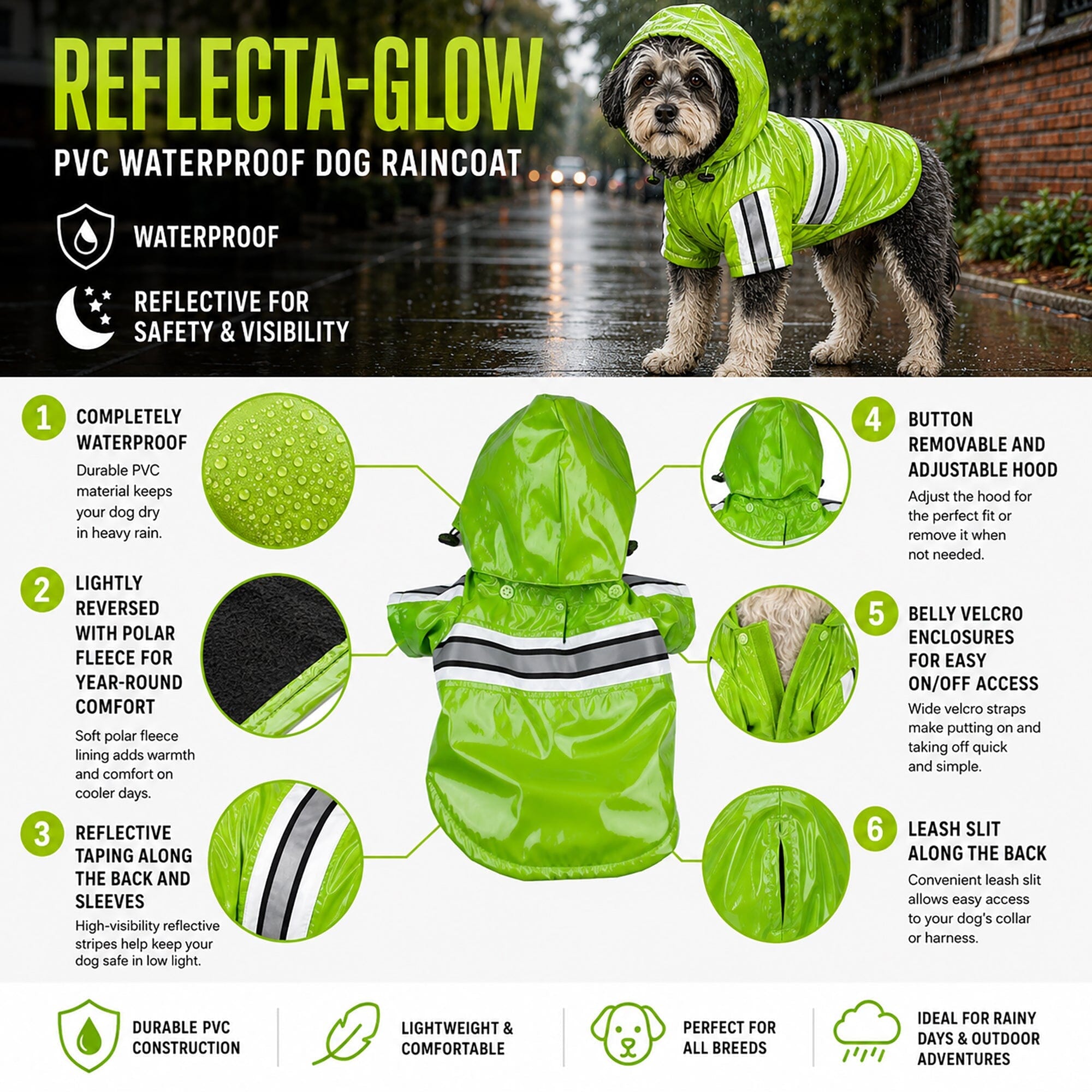 Pet Life ® 'Reflecta-Glow' Reflective Waterproof Adjustable Dog Raincoat Jacket w/ Removable Hood