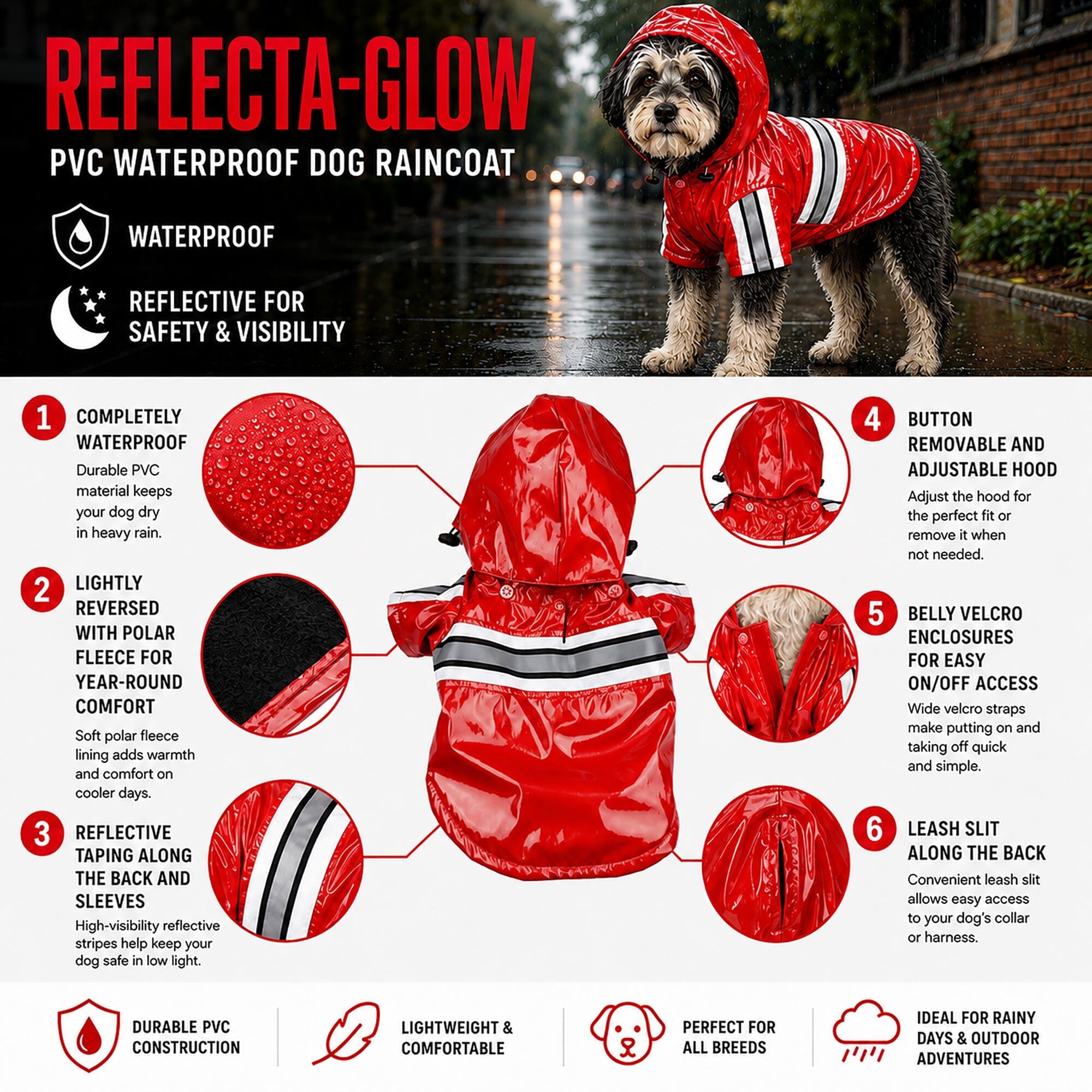 Pet Life ® 'Reflecta-Glow' Reflective Waterproof Adjustable Dog Raincoat Jacket w/ Removable Hood