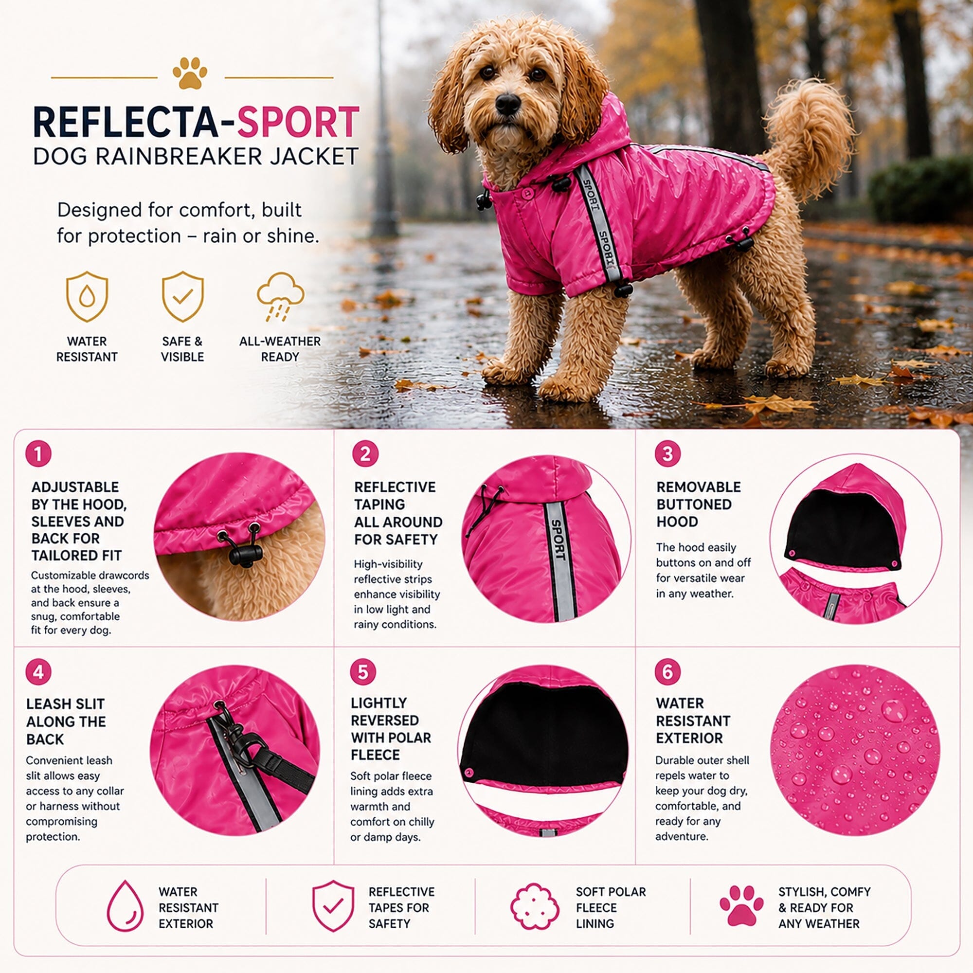 Pet Life ® 'Reflecta-Sport' Multi-Adjustable Reflective Weather-Proof Dog Raincoat w/ Removable Hood