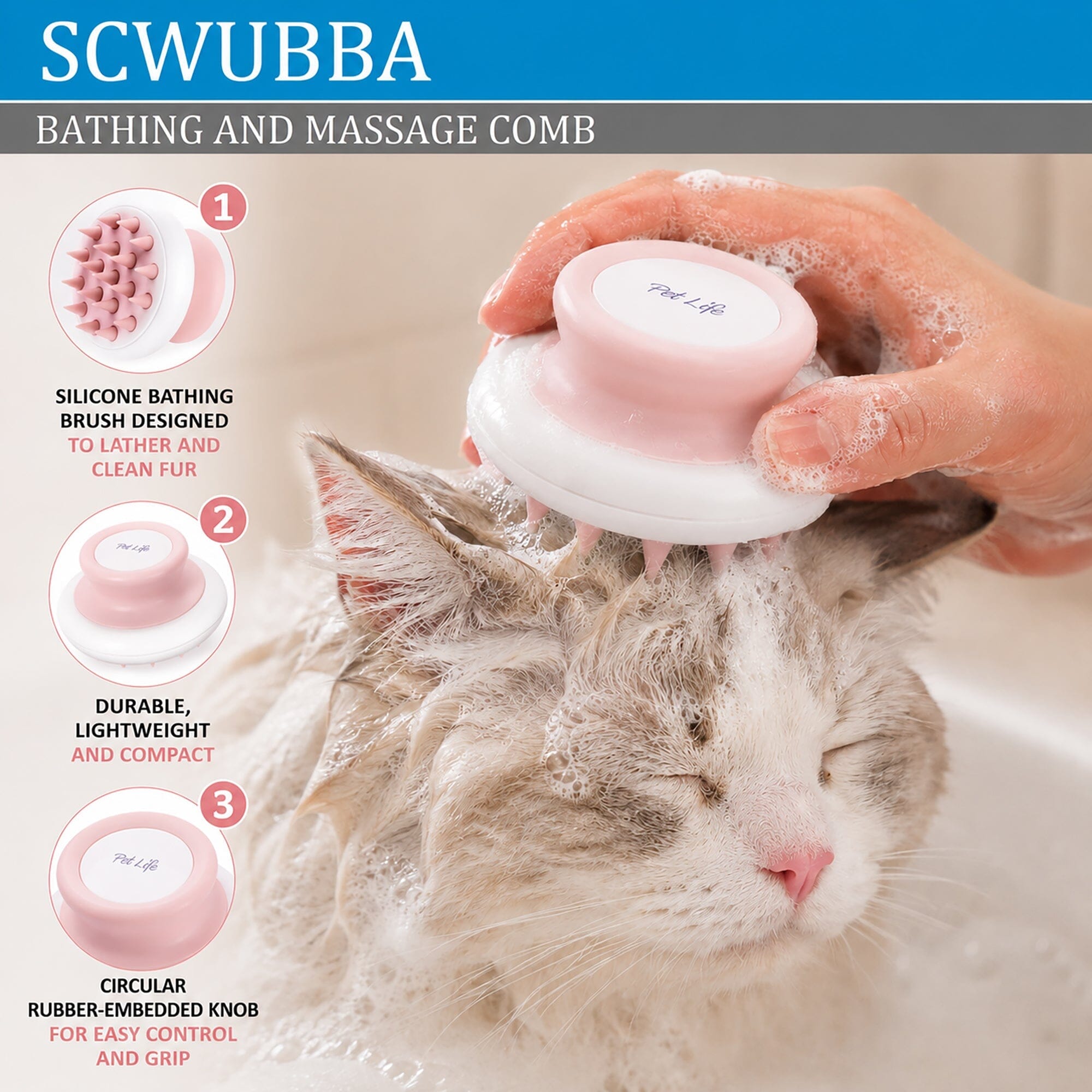 Pet Life ® 'Scwubba' Handheld Bathing Brushing and Massaging Soft Flexible Grooming Pet Comb