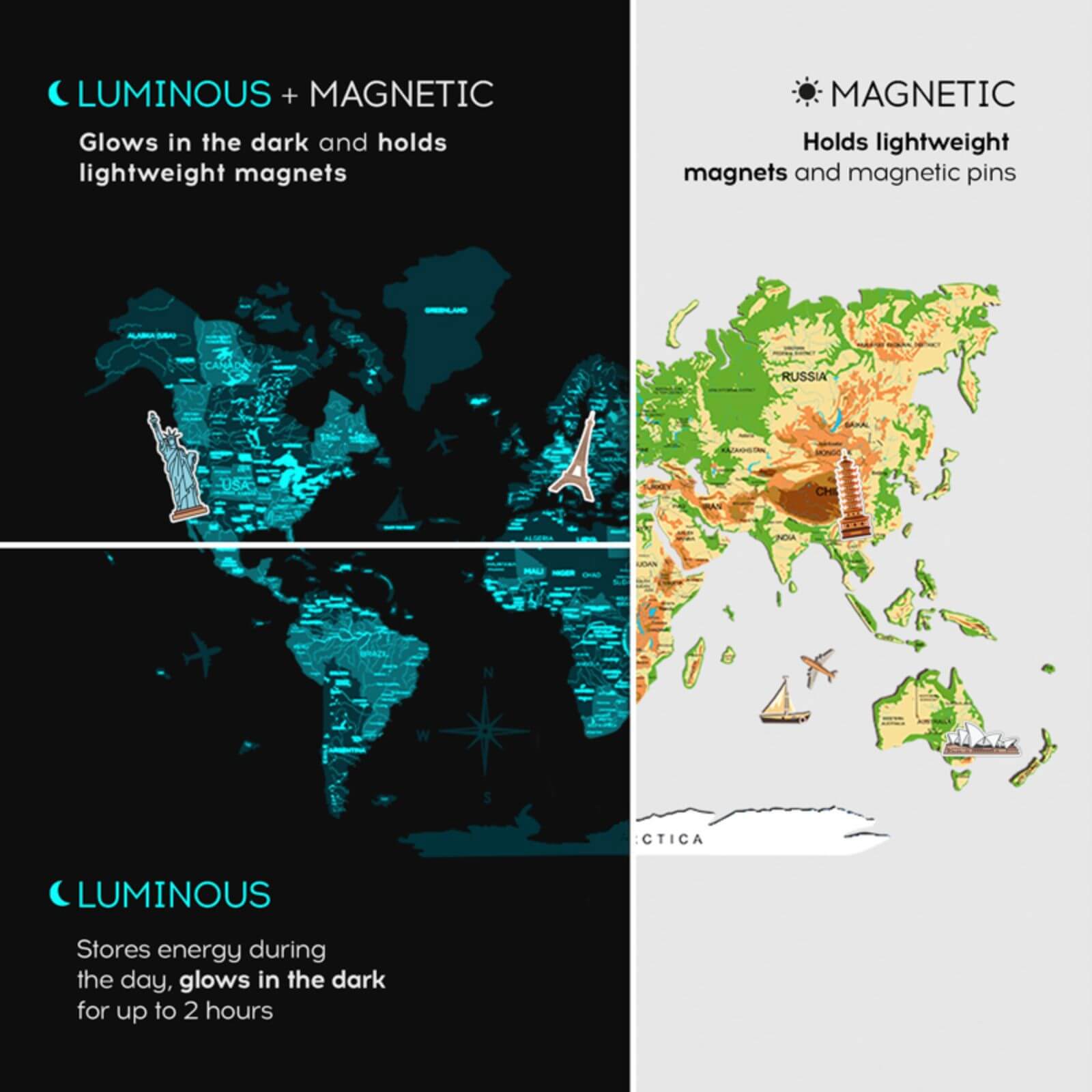 3D Luminous Colored Wooden World Map Physical