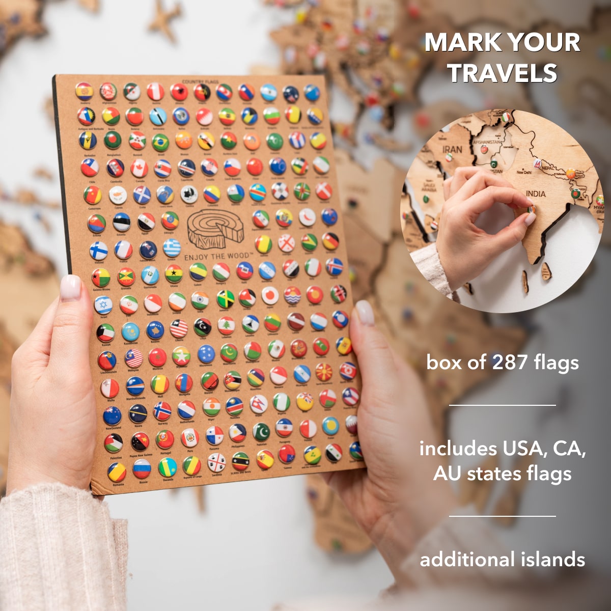3D Wooden World Map Gold