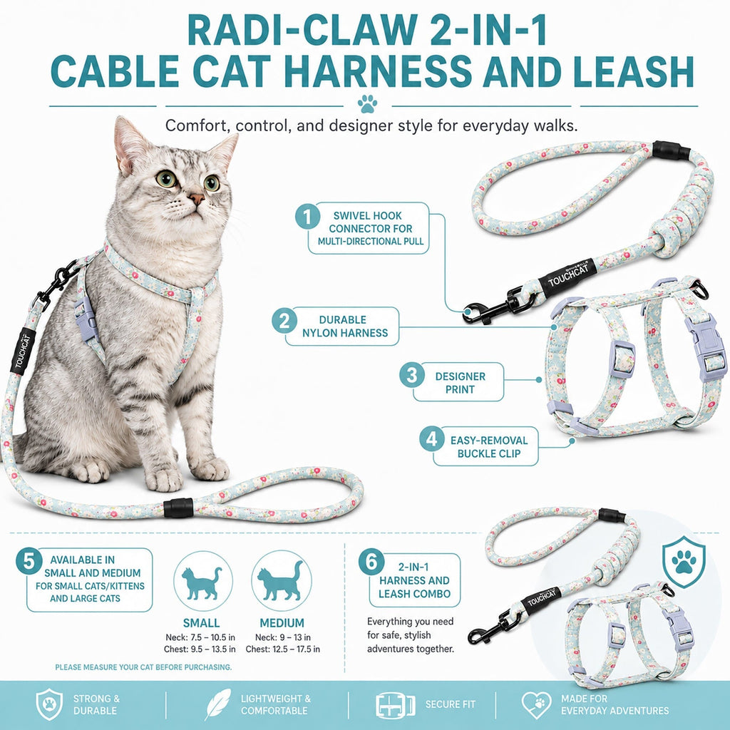 Touchcat 'Radi-Claw' Durable Cable Cat Harness and Leash Combo