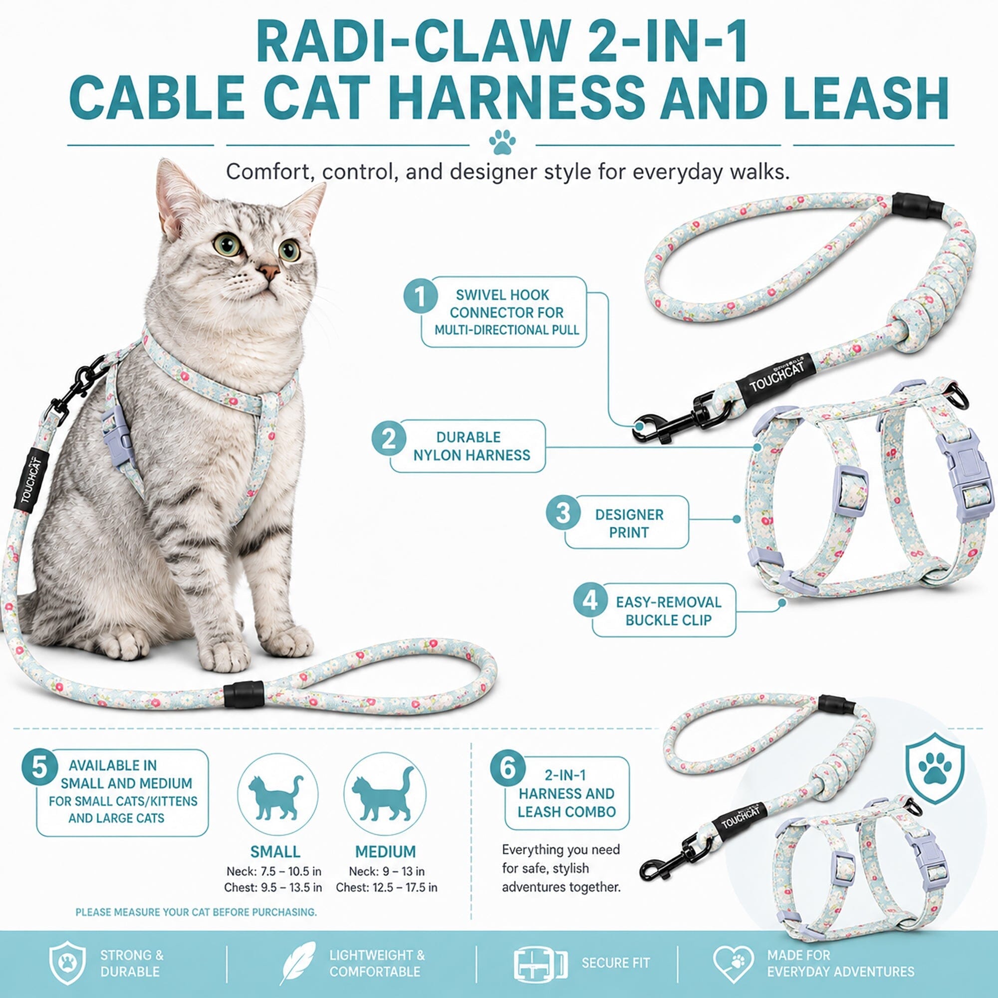 Touchcat 'Radi-Claw' Durable Cable Cat Harness and Leash Combo