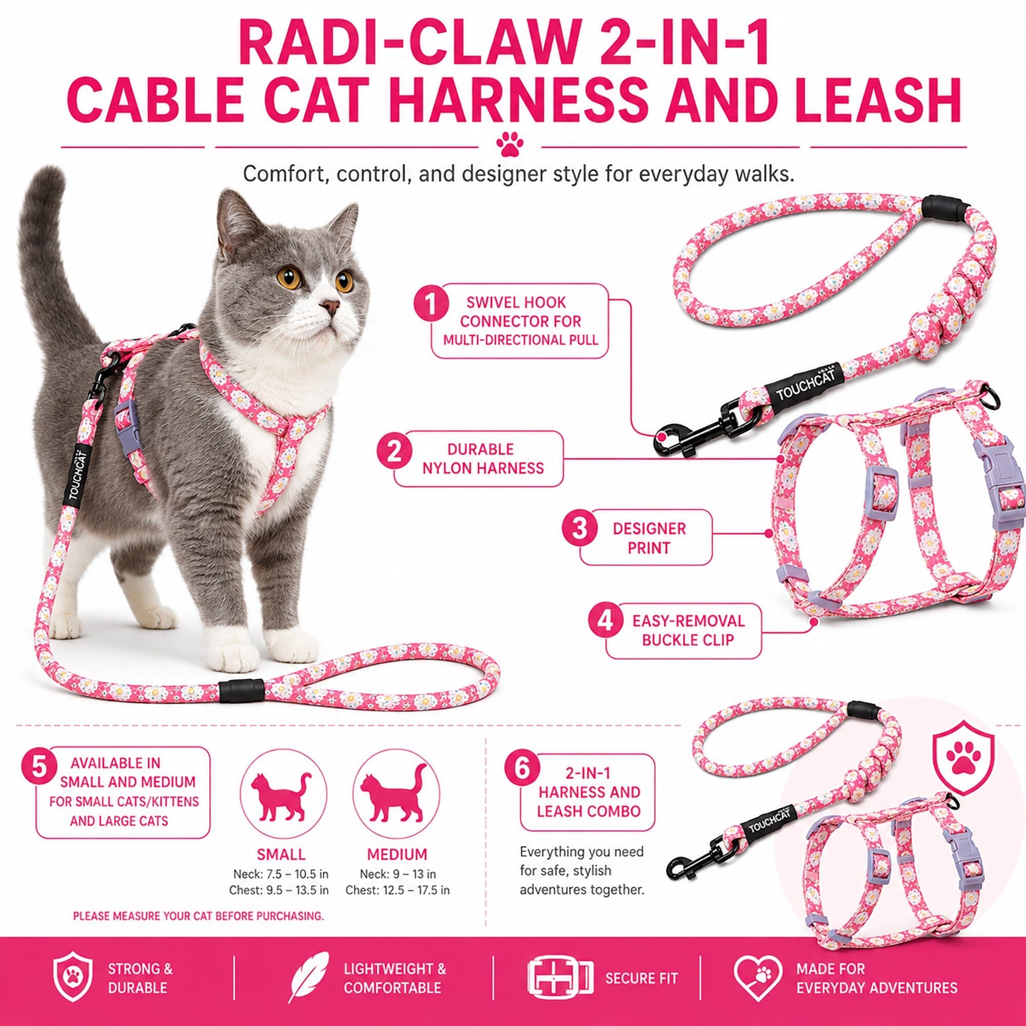 Touchcat 'Radi-Claw' Durable Cable Cat Harness and Leash Combo