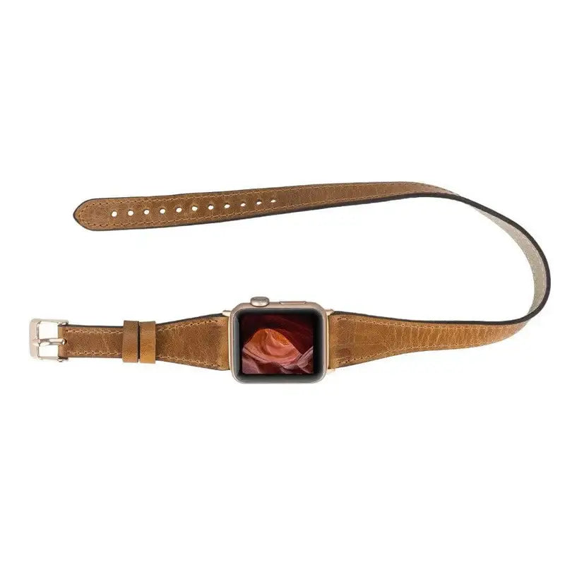 Luxury Double Wrap Vegetal Brown Leather Apple Watch Band - San Diego