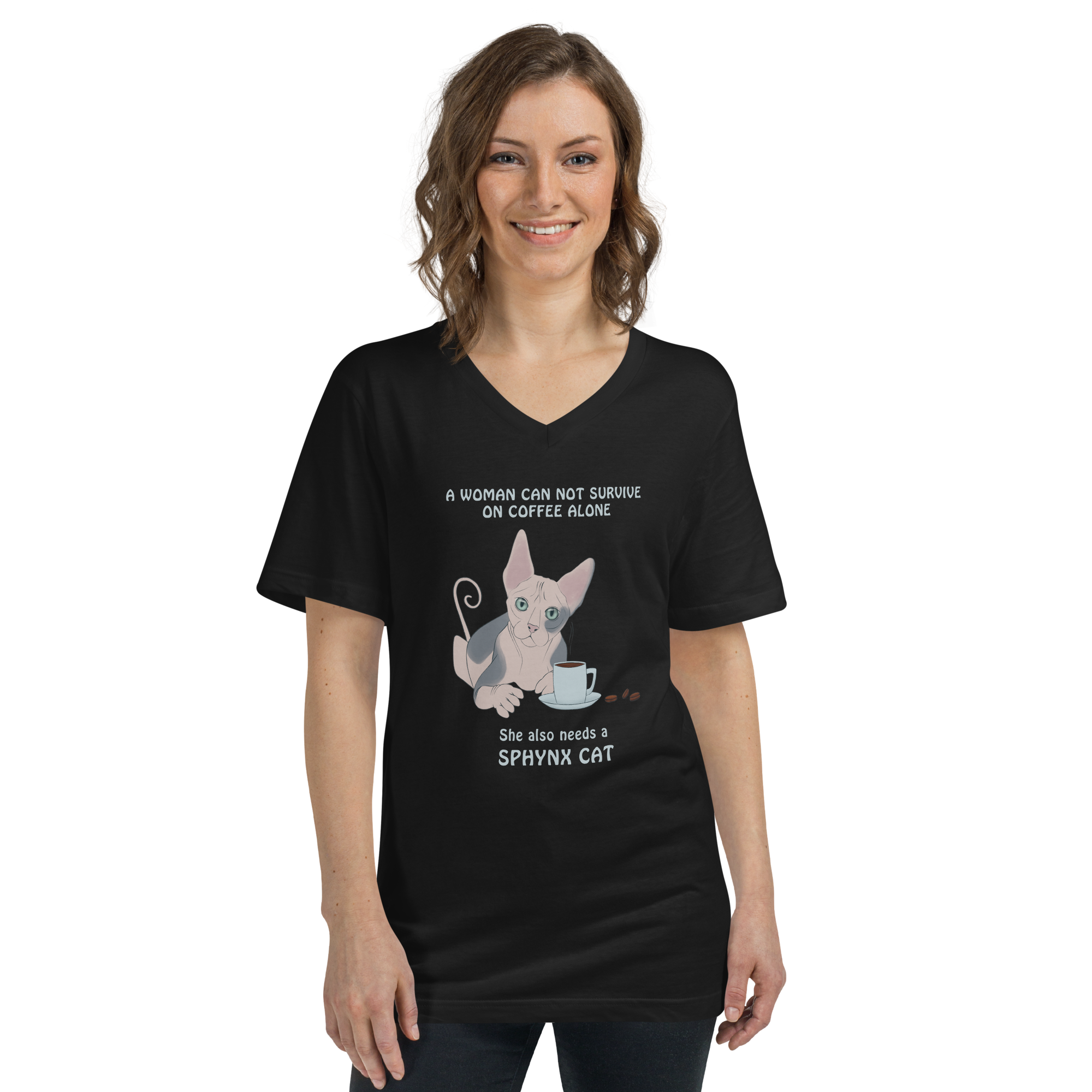 "WOMAN CAN'T SURVIVE ON COFFEE ALONE" WOMAN'S V-NECK TEE