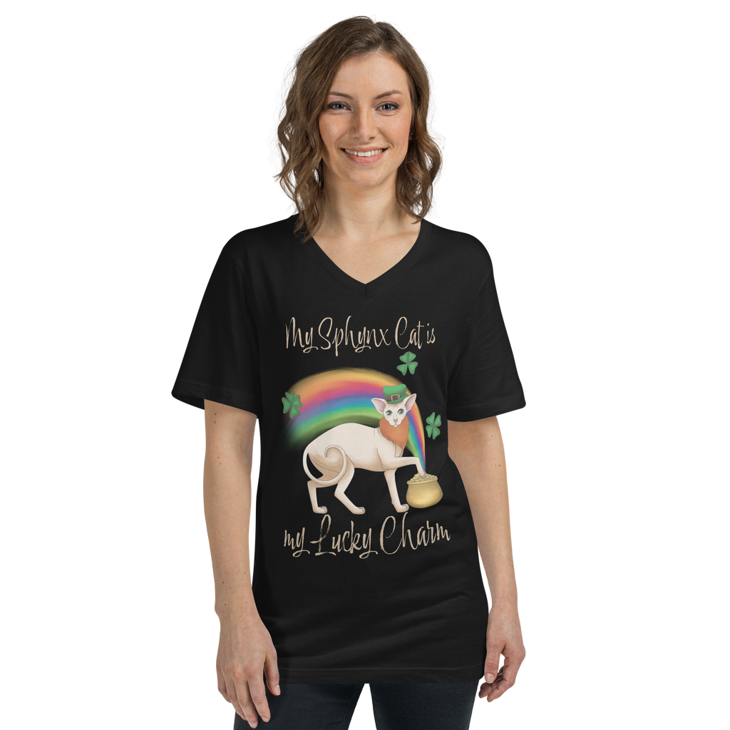 "MY SPHYNX CAT IS MY LUCKY CHARM" - V-NECK UNISEX TEE