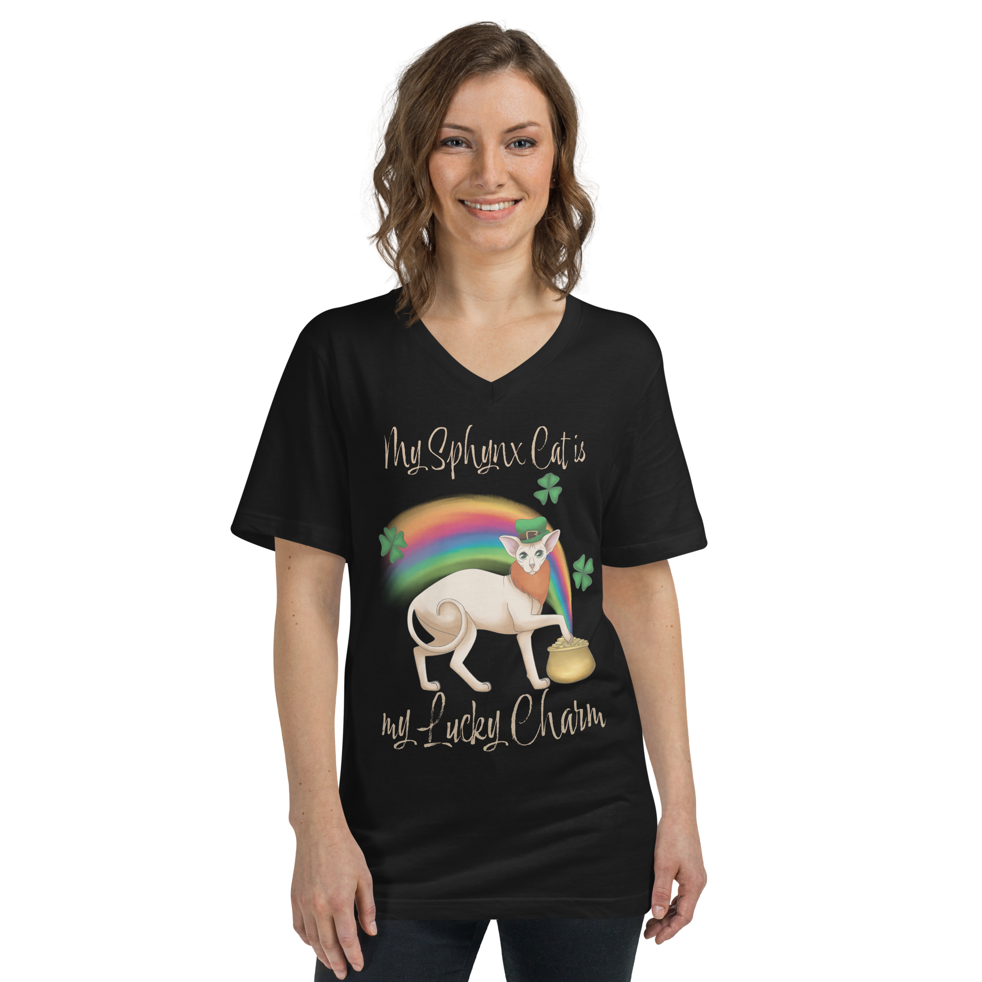 "MY SPHYNX CAT IS MY LUCKY CHARM" - V-NECK UNISEX TEE