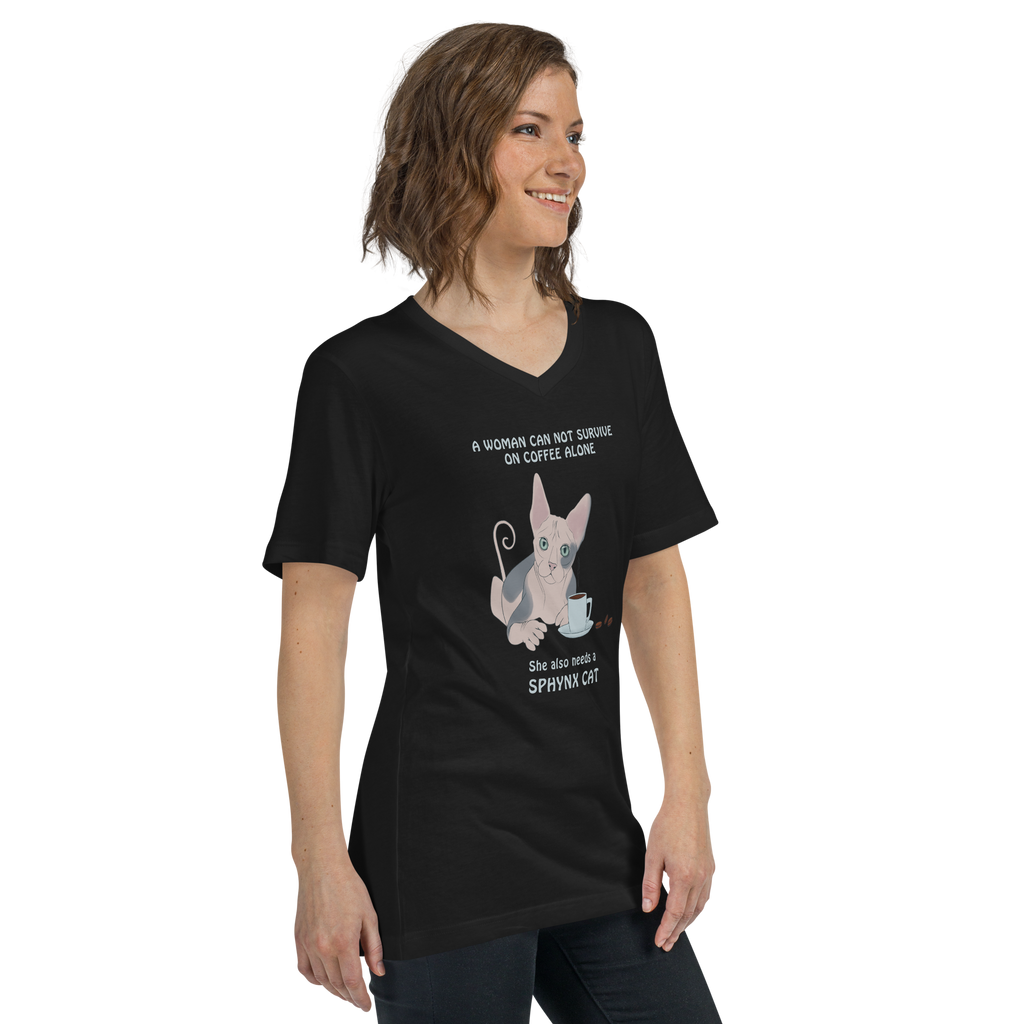 "WOMAN CAN'T SURVIVE ON COFFEE ALONE" WOMAN'S V-NECK TEE