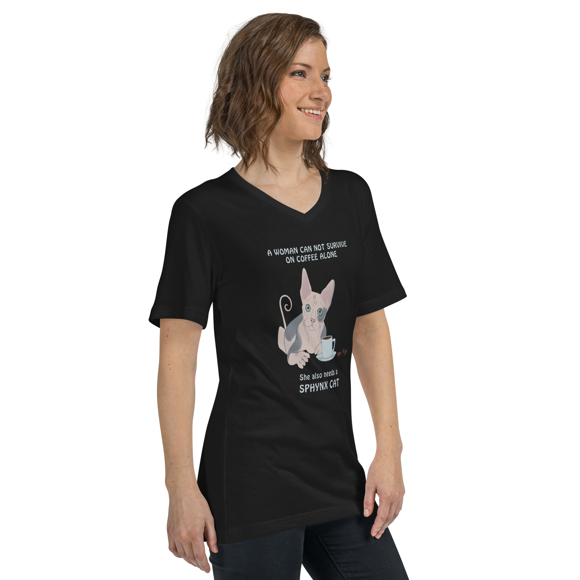 "WOMAN CAN'T SURVIVE ON COFFEE ALONE" WOMAN'S V-NECK TEE