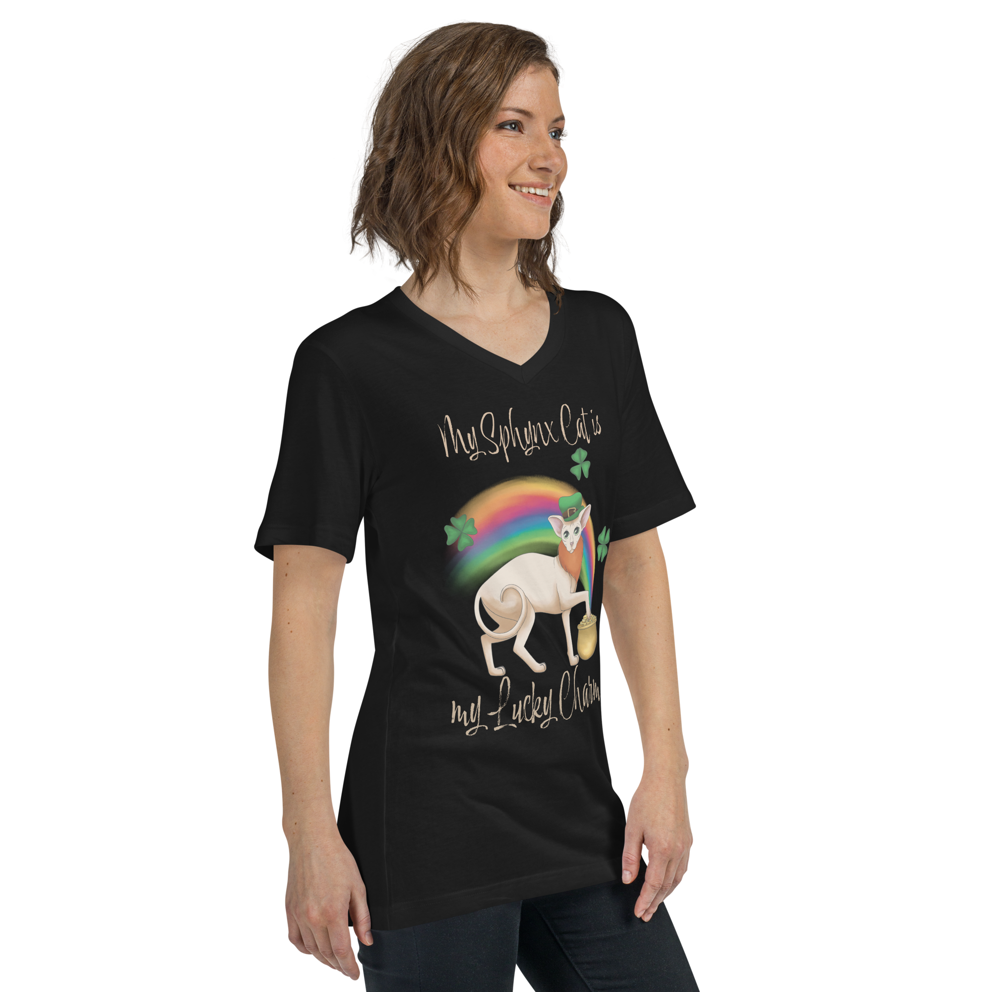 "MY SPHYNX CAT IS MY LUCKY CHARM" - V-NECK UNISEX TEE