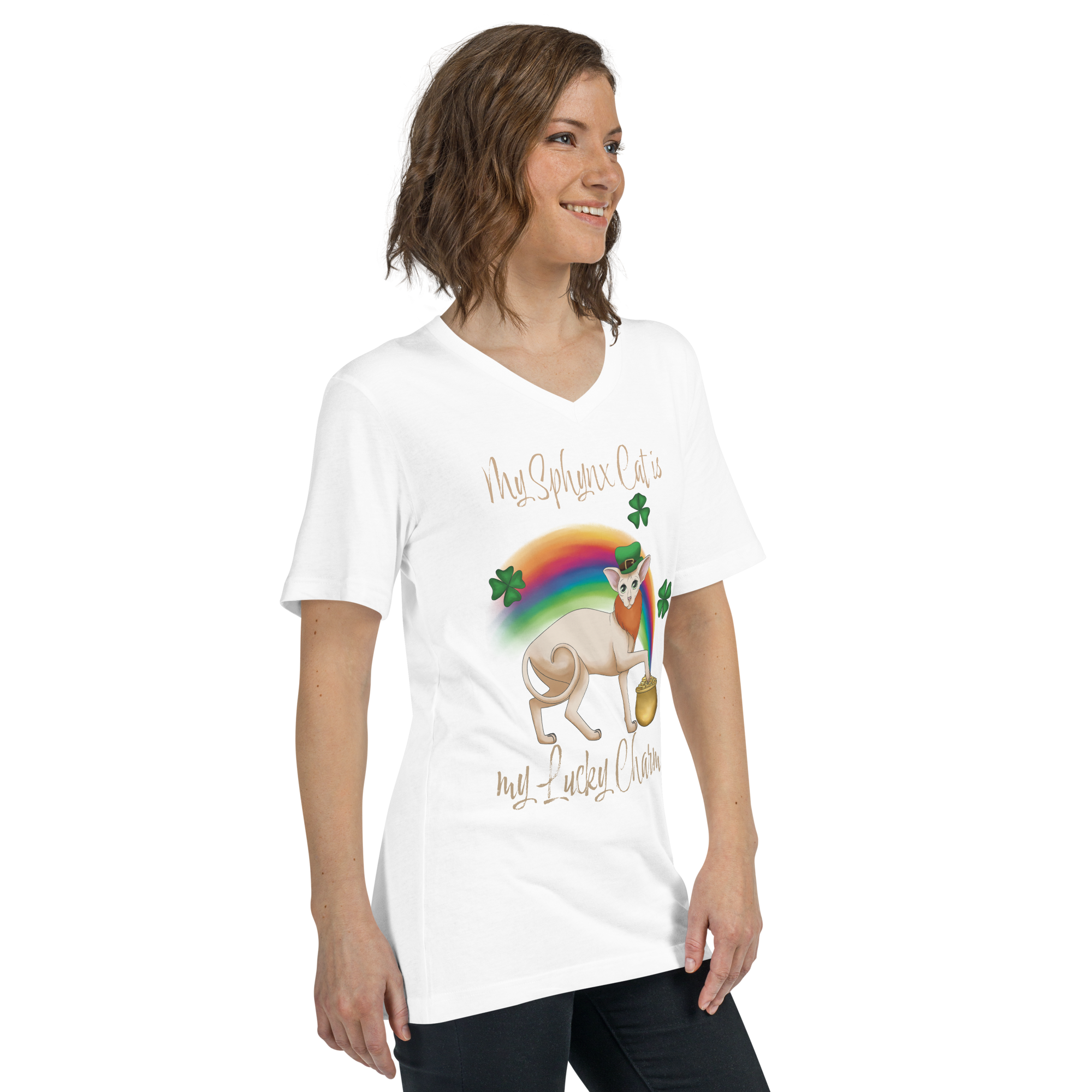 "MY SPHYNX CAT IS MY LUCKY CHARM" - V-NECK UNISEX TEE