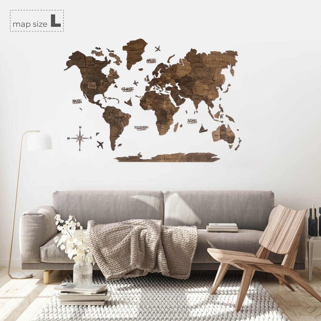 3D Wooden World Map Dark Walnut (for US only)