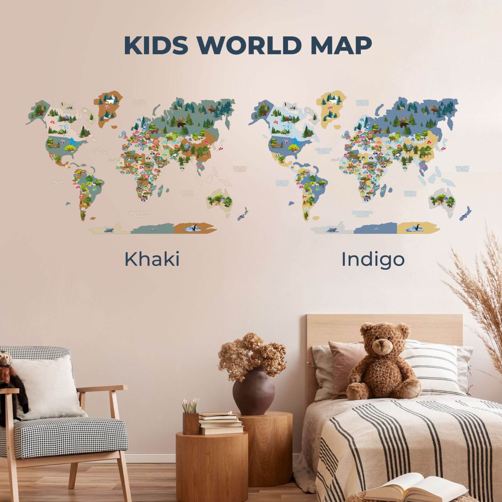 Kids World Map Khaki